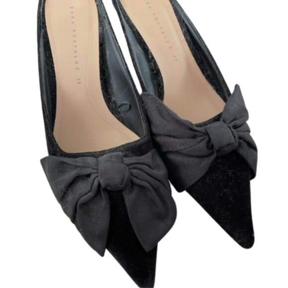 ZARA Bow Velvet Pointed Toe Mules / Black / Size 37 - Picture 4 of 9